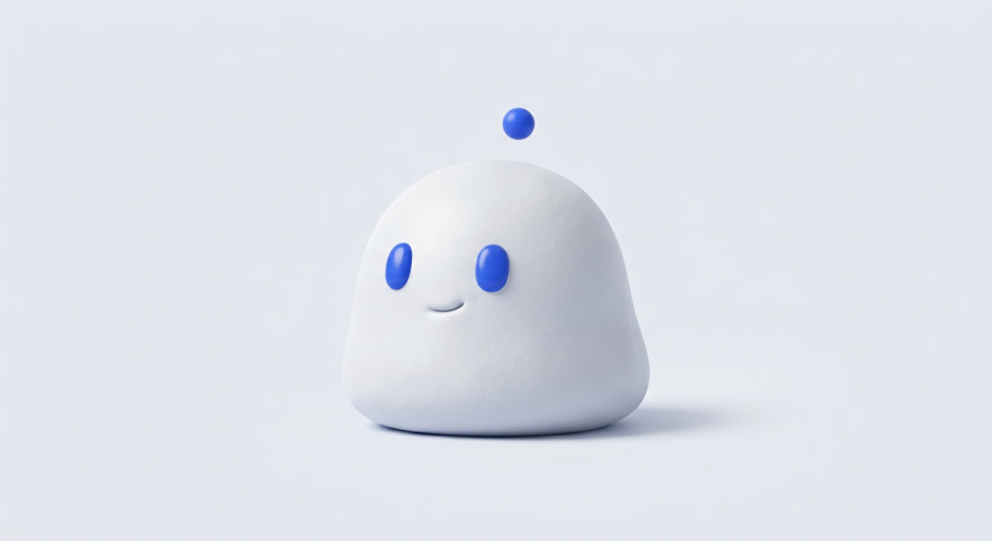 Memo, a soft white blob mascot with cobalt blue eyes and a floating antenna dot
